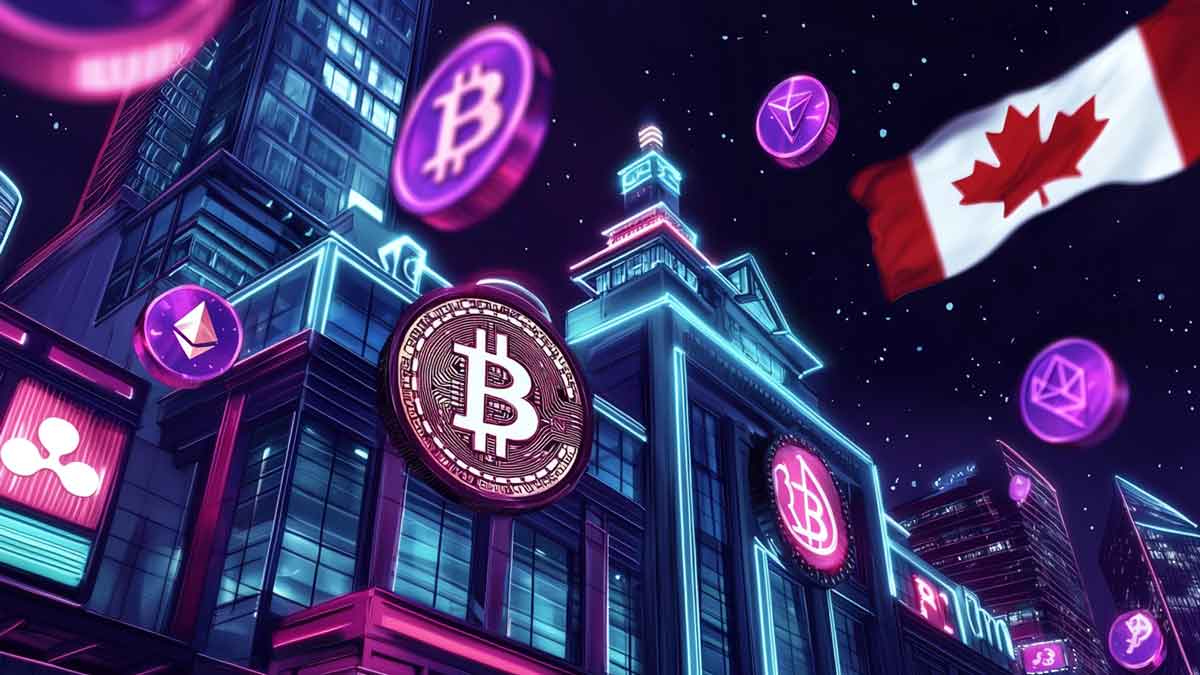 カジノの看板がある仮想通貨取引所のビルを3Dイラストで表現し、周りにビットコインとイーサリアムのシンボルが浮かび、背景にカナダの国旗がある画像