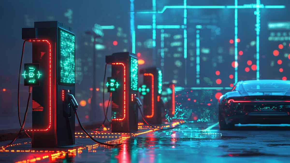 未来的なEV充電ステーション：ブロックチェーンノードが複数の充電器をつなぎ、青と緑の鮮やかな配色の都市景観