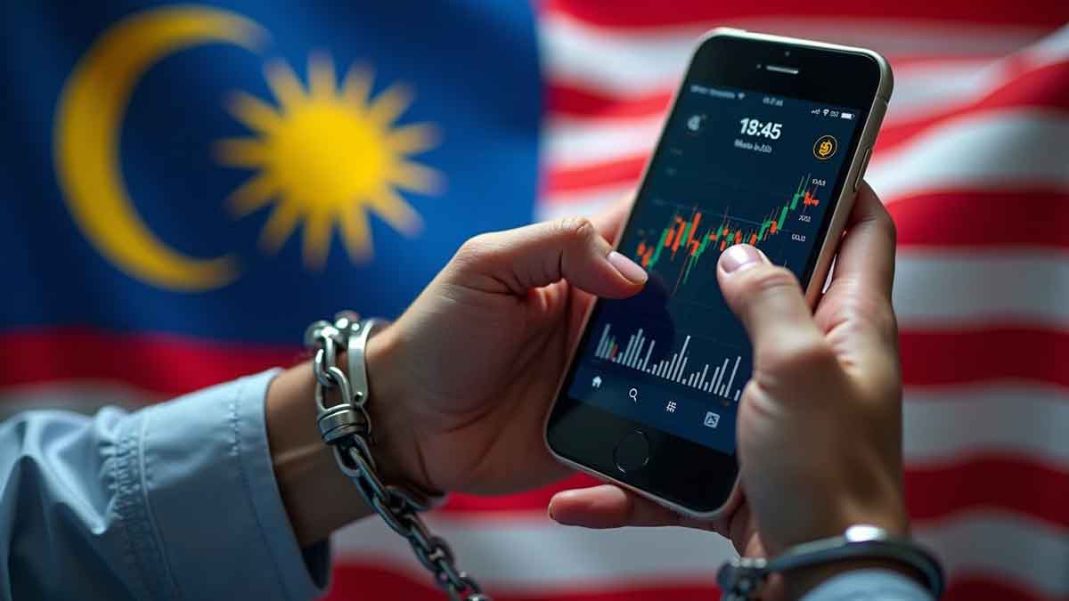 マレーシアの国旗を背景に手錠されたままスマートフォンを持つ手