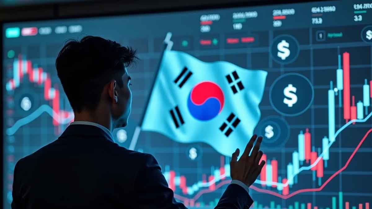 未来的な年金基金管理者が、仮想通貨のシンボルと株価チャートのホログラフィック表示を操作している様子。