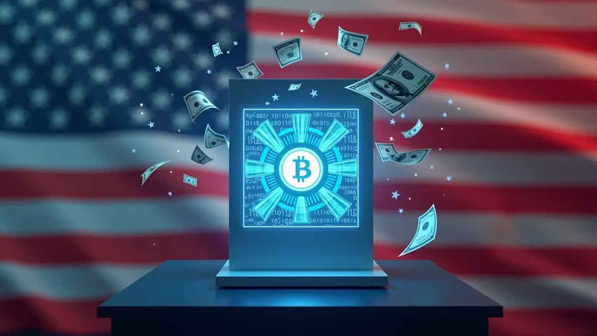 未来的な投票ブースの画面に仮想通貨のシンボルが表示され、周囲には浮遊するドル紙幣とバイナリコードが描かれた、政治とデジタル金融の交差を象徴する画像