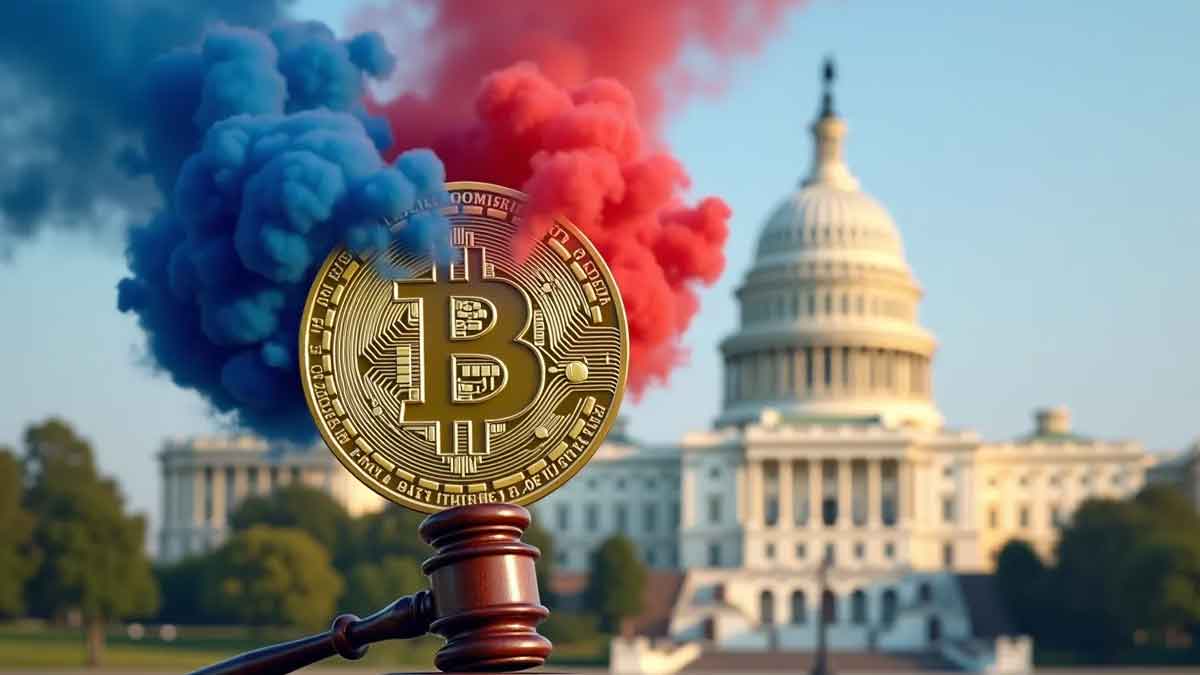 巨大な天秤で仮想通貨コインと裁判官のガベルのバランスを取る様子