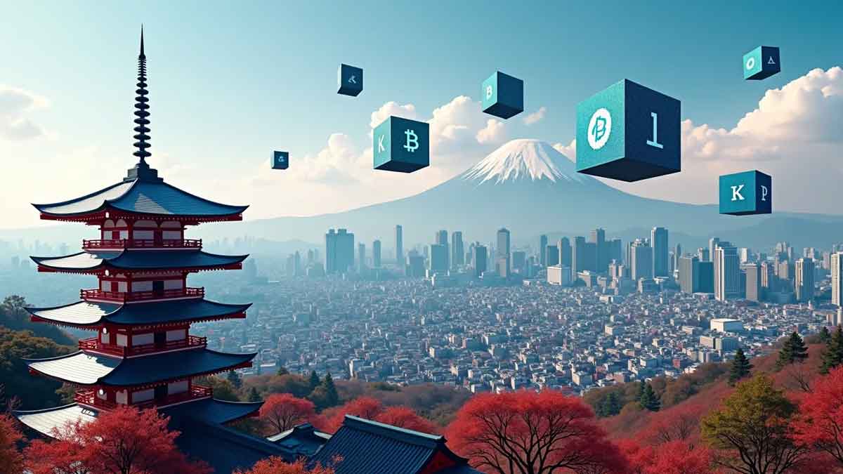 未来の東京の街並みに浮かぶブロックチェーンキューブと伝統的な日本の塔が融合した風景