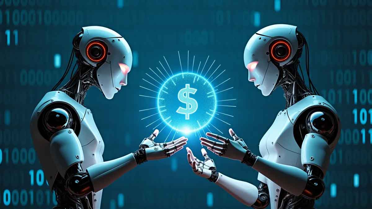 2台の未来的なロボットが向かい合い、指先から光線を通じて輝く仮想通貨トークンを交換している。