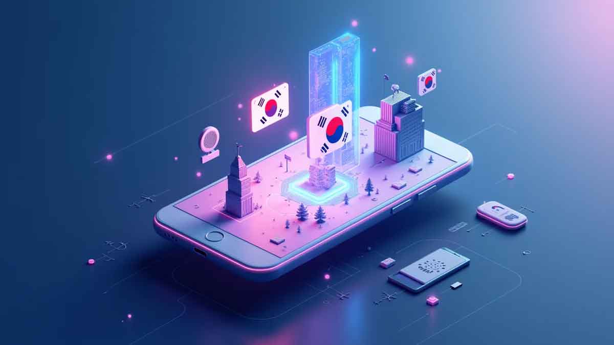 未来的なスマートフォンが韓国の風景の上に浮かび、画面からデジタルウォレットのホログラムが広がっている。ホログラムはスポーツとブロックチェーンを表すアイコンと相互作用し、背景には韓国国旗の太極マークがさりげなく描かれている。