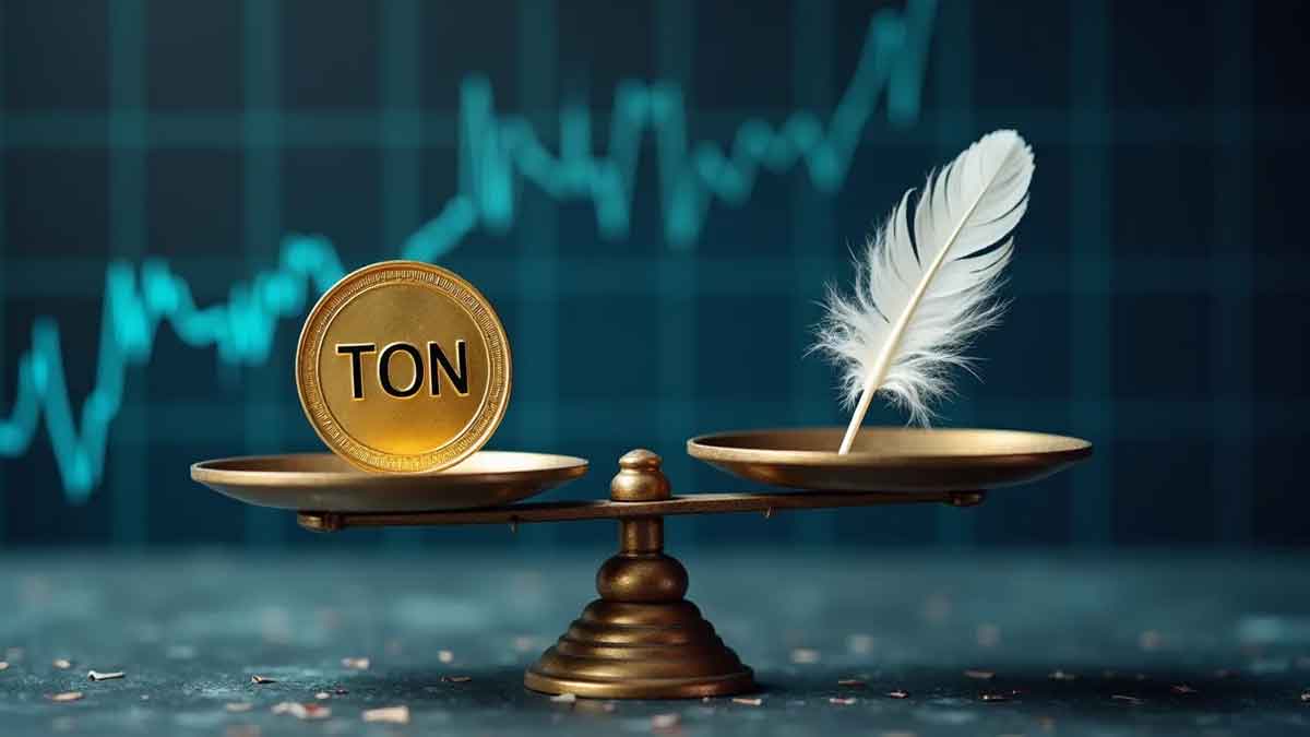 デジタル天秤の片側に「TON」と書かれた重い金貨、もう片側に軽い羽。価格急落を象徴する構図。