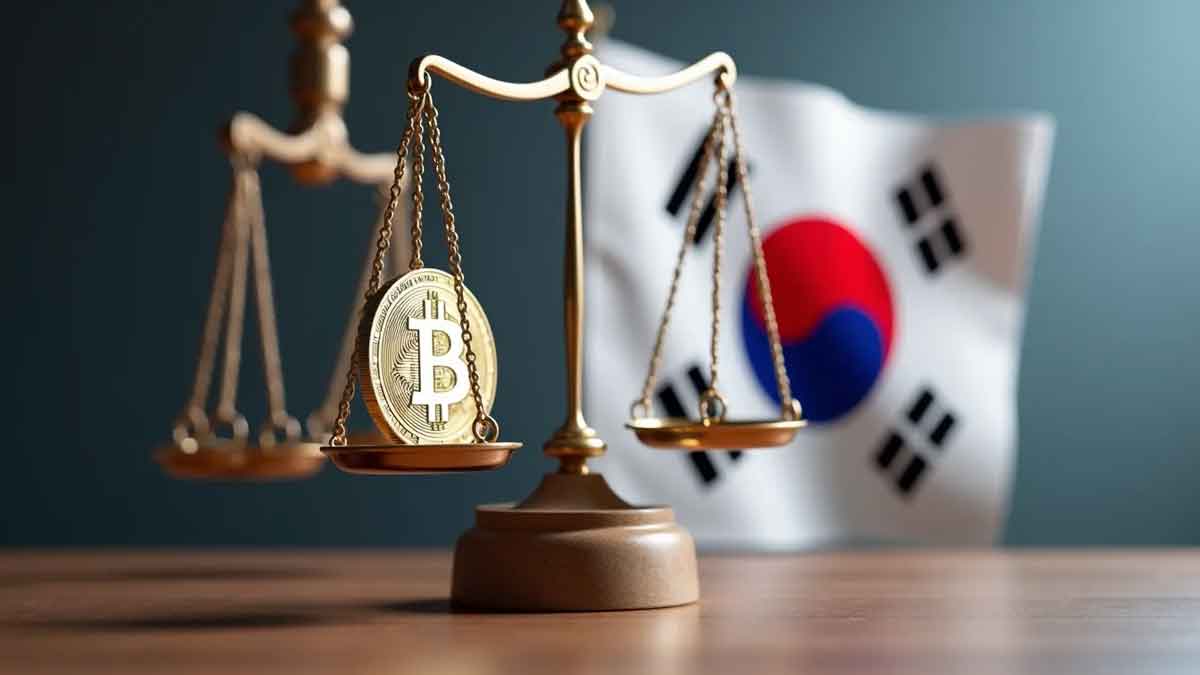 暗号資産のコインと裁判官のガベルが天秤にかけられ、背景に韓国の国旗がはためいている様子。