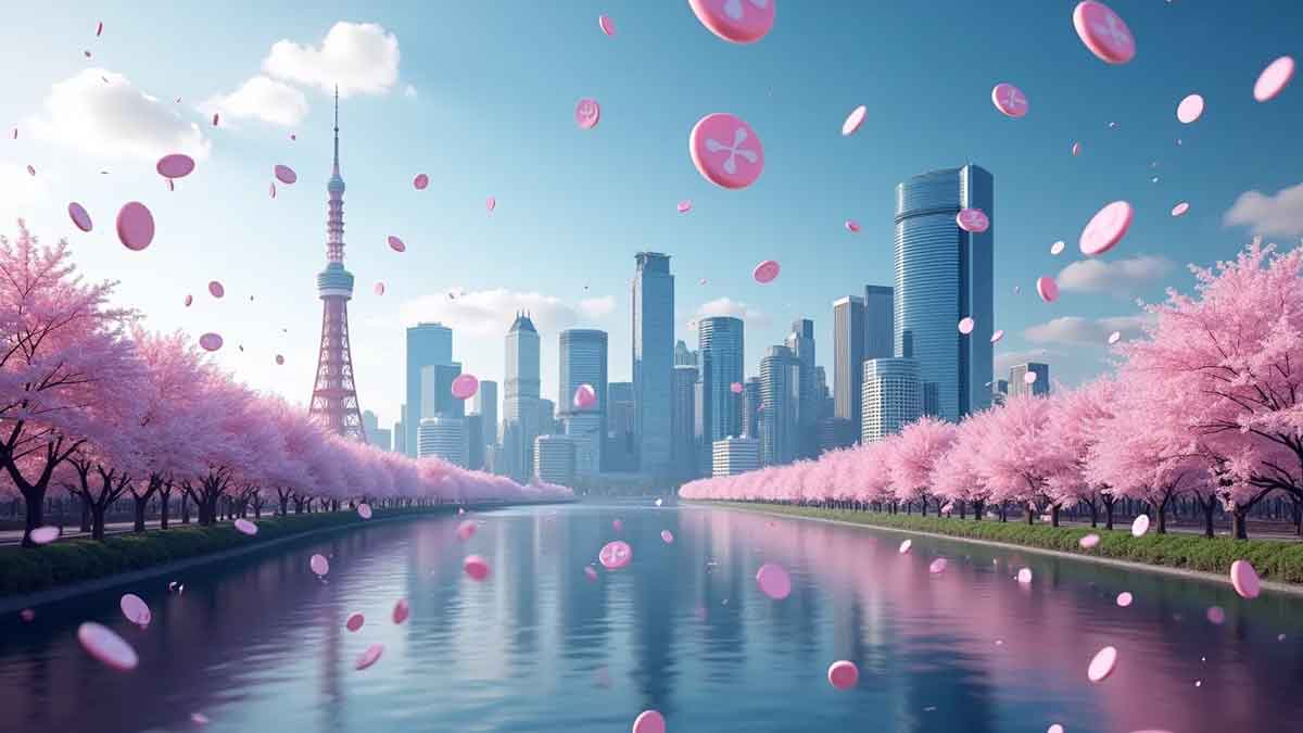 未来的な東京のスカイラインと、デジタル化された桜の花びらや浮遊する暗号資産のシンボルが穏やかな川面に映り込む幻想的な風景