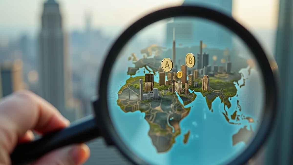 スマートフォンの画面を拡大鏡で覗き込むと、デジタルウォレットアプリの中にアフリカと南アジアの街並みミニチュアが見える。