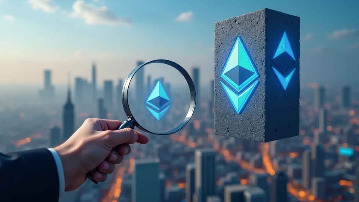 イーサリアムのロゴでできた未来都市を虫眼鏡で検査する巨大な手、レイヤー2ソリューションの新基準を象徴する構図