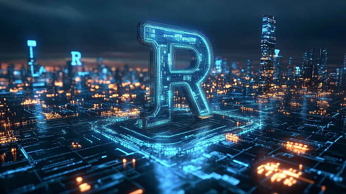 未来的な都市景観を背景に、「R」が刻印された銀色のコインが浮かび、周囲にホログラフィックな金融チャートと仮想通貨シンボルが描かれている3Dレンダリング画像