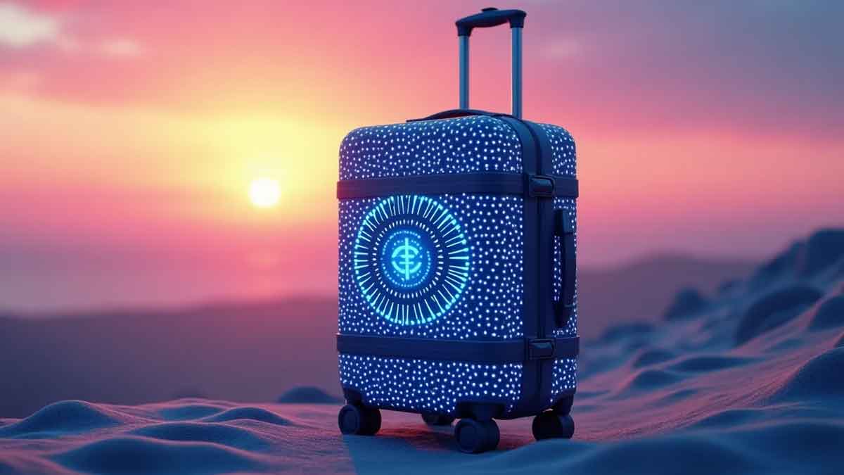 未来的な旅行用スーツケースがソラナの特徴的なグラデーションカラーの空を背景に、ブロックチェーンの風景の上に浮かんでいる様子