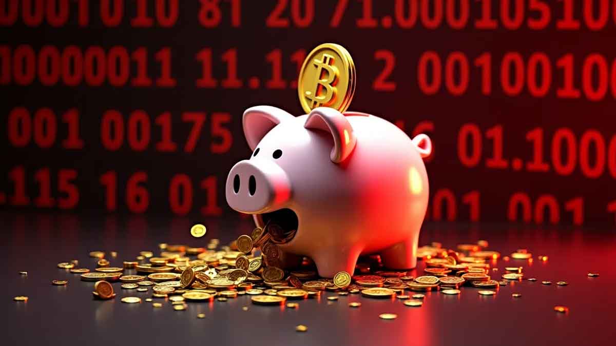 ビットコインのシンボルが描かれた割れたデジタル貯金箱から黄金のコードが漏れ出し、赤い警告サインとバイナリー数字を背景に浮かび上がる様子