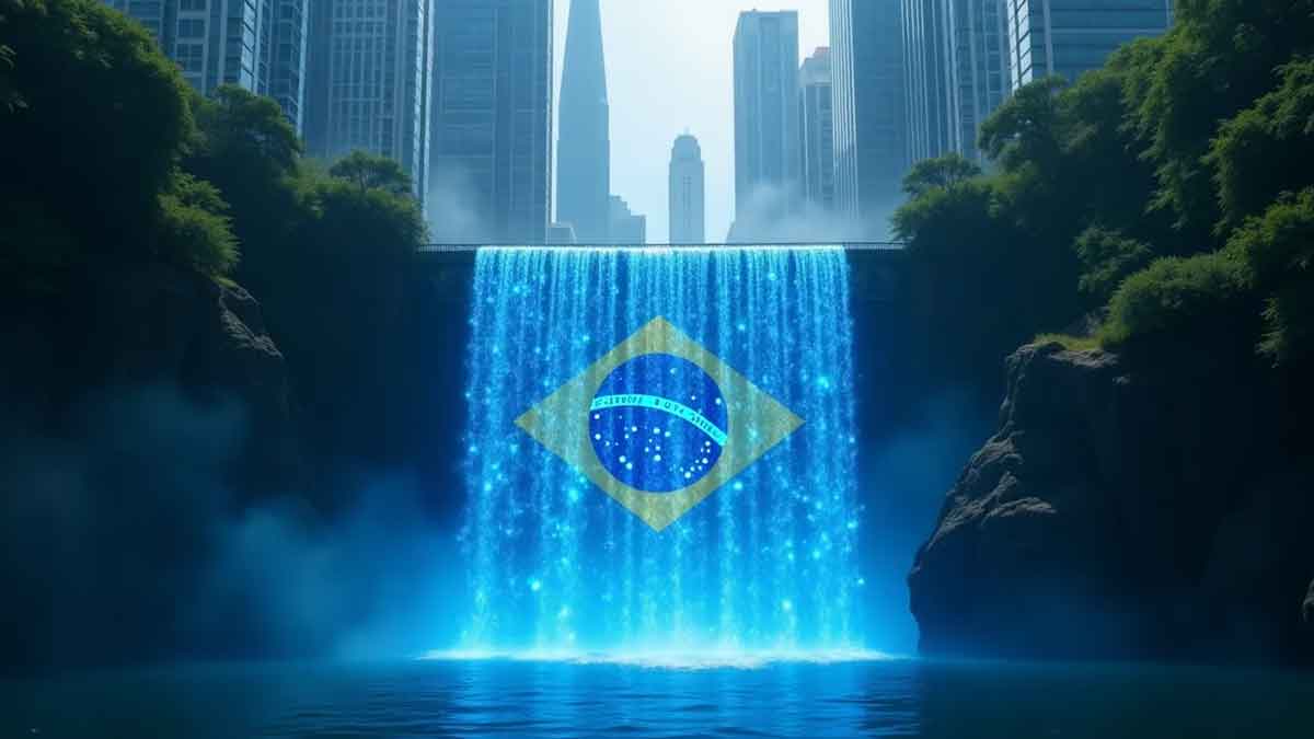 ブラジル国旗の上を流れる青く光る波紋のデジタル滝。高層ビル間に橋を形成し、霧の中に仮想通貨のシンボルが渦巻いている。