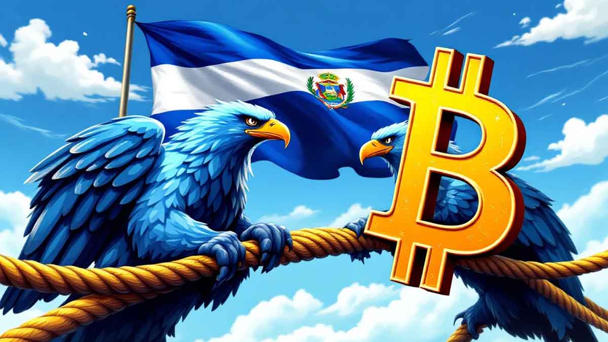 エルサルバドル国旗を背景に、IMFのロゴとビットコインのシンボルが綱引きをしている明るい青と金色のデジタルイラスト