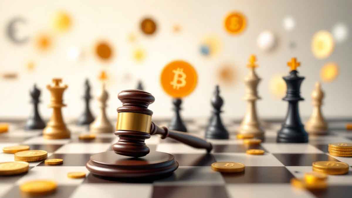 仮想通貨とSECの法廷闘争を象徴するチェス盤。コインの駒と伝統的金融のシンボルが対峙し、前景に裁判官の小槌が置かれている。