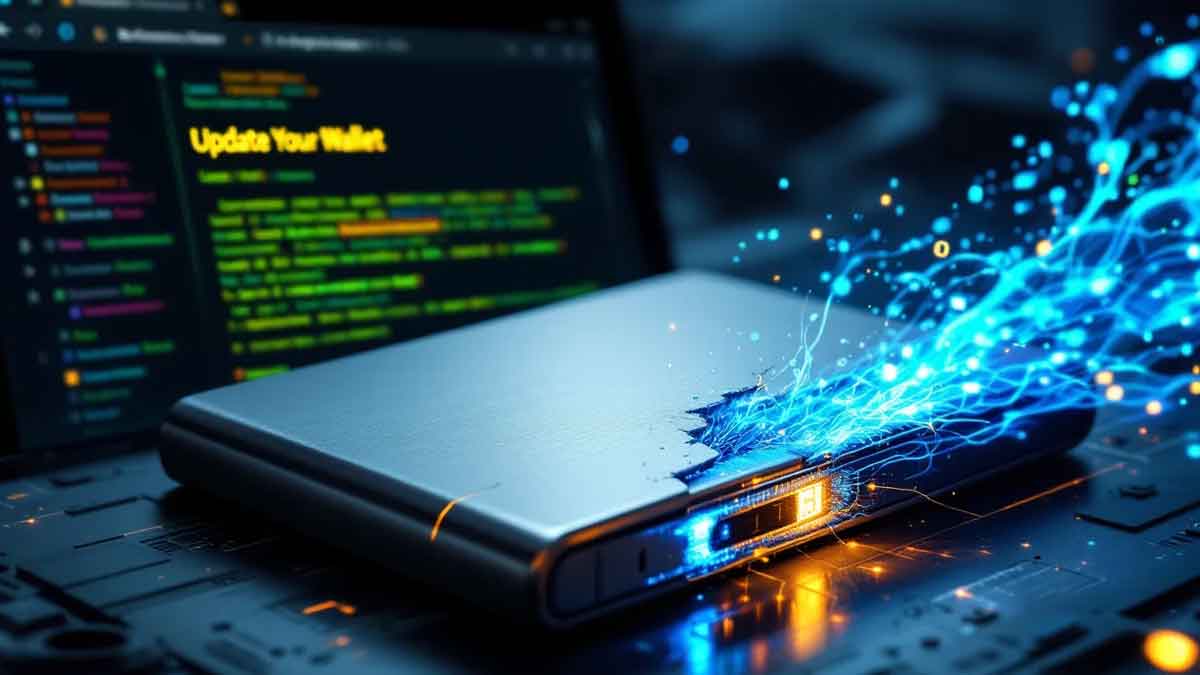 デジタルトロイの木馬に擬態したLedgerハードウェアウォレット。その隙間からバイナリコードが漏れ出し、背景にはフィッシングメールのインターフェースが広がっている。