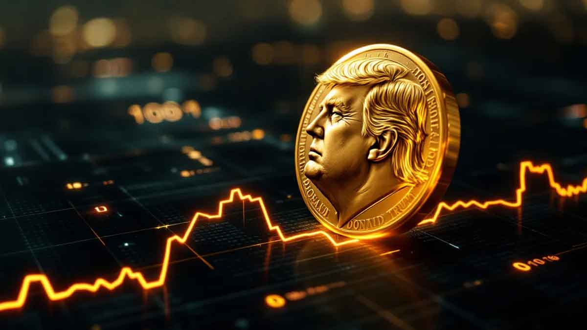 トランプ氏の横顔が刻印された金貨が、急激な下降を示すデジタルグラフの端に不安定に立っており、背景には二進コードが流れている様子
