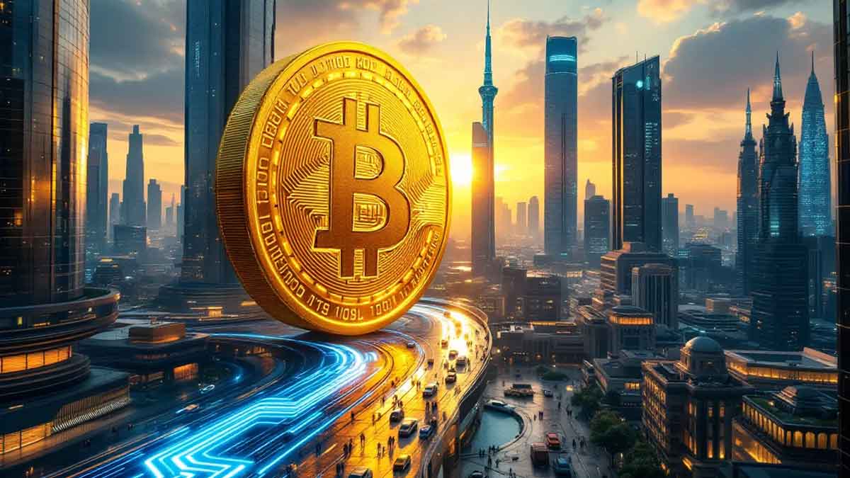 未来都市を車輪のように転がる巨大な金色のビットコイン硬貨。その軌跡に輝くバイナリコードが残る。