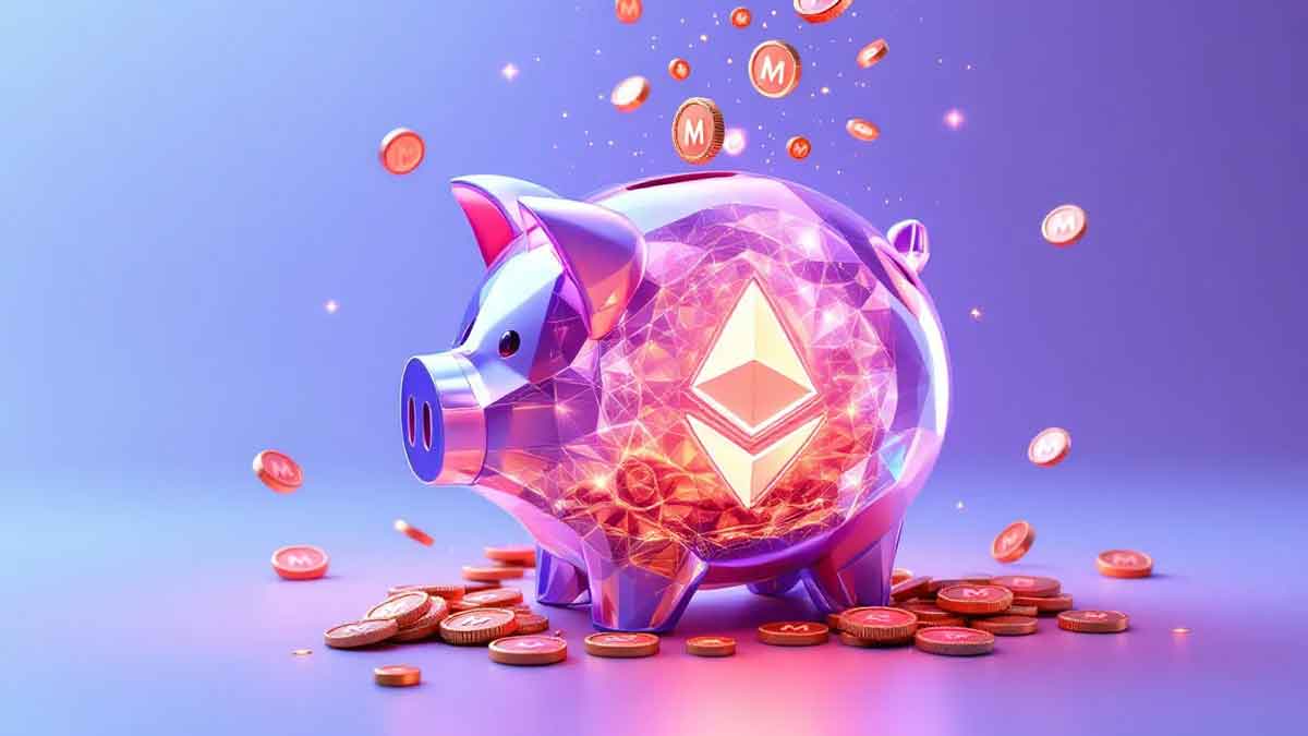 メルカリの「M」ロゴが浮かぶ中、豚の貯金箱からイーサリアムのクリスタルロゴへと変化していく様子を表現した3Dイラスト。デジタルコインが落ちてくる未来的なデザイン。