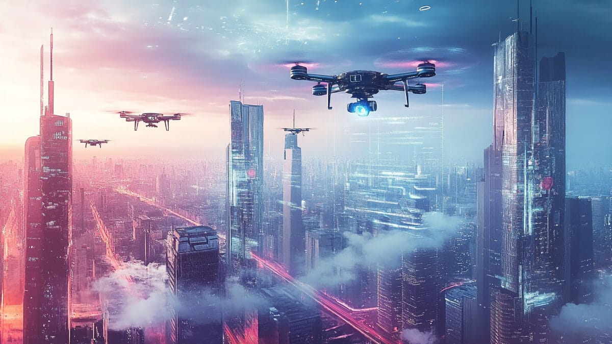ドローンが上空を飛び交う近未来都市