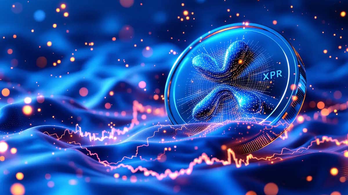 XRPコインが株式市場の電光掲示板へと変容する様子を捉えた未来的なアート。