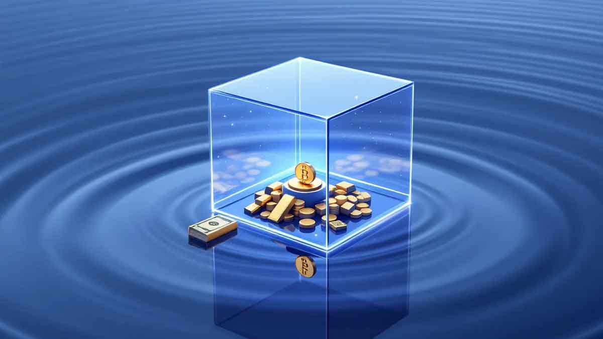 透明なガラスの金庫の中にビットコイン、金塊、米国債が浮かび、その姿が水面に映り込む様子を描いたミニマルなイラスト。Tetherの資産の透明性と安定性を表現