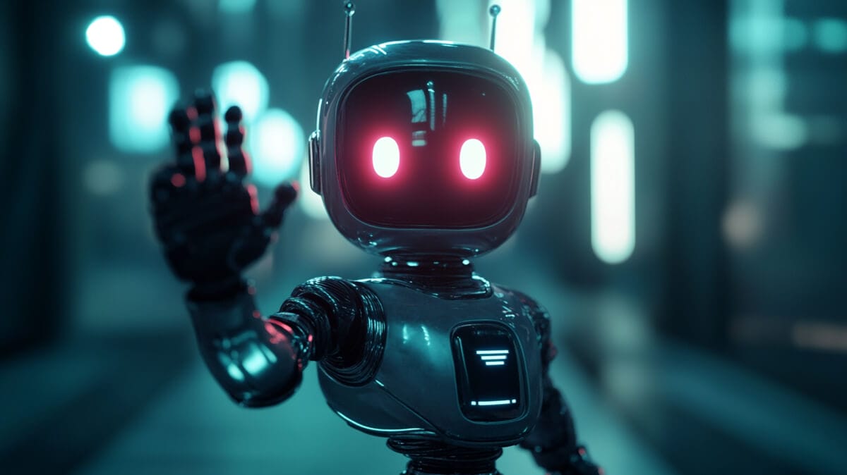 赤く目を光らせて警鐘を唱えるミニAIロボット