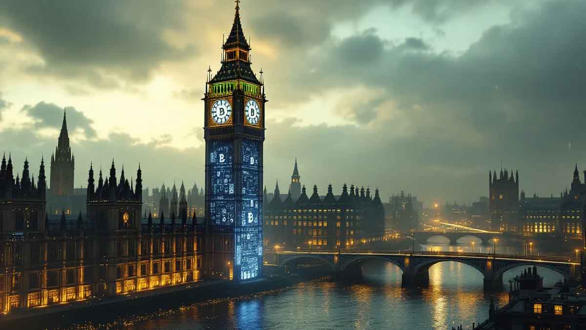 ロンドンのシンボルであるビッグベンのゴシック建築が未来的な暗号資産デザインへと変貌を遂げ、テムズ川に金色とブルーのデジタルな光が映り込む、イギリスらしい物憂げな夕暮れの風景