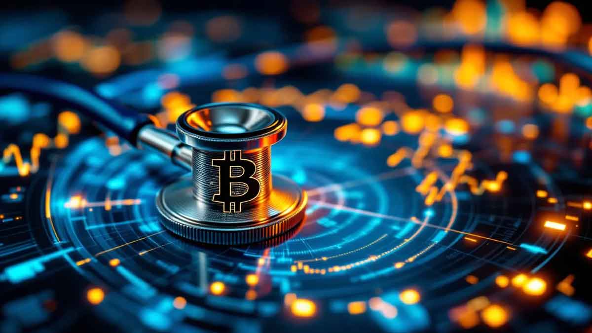 医療用聴診器がビットコインのシンボルに変化する様子を捉えた未来的なイメージ。背景には医療データのグラフが流れており、ヘルスケアとデジタル資産の融合を表現している