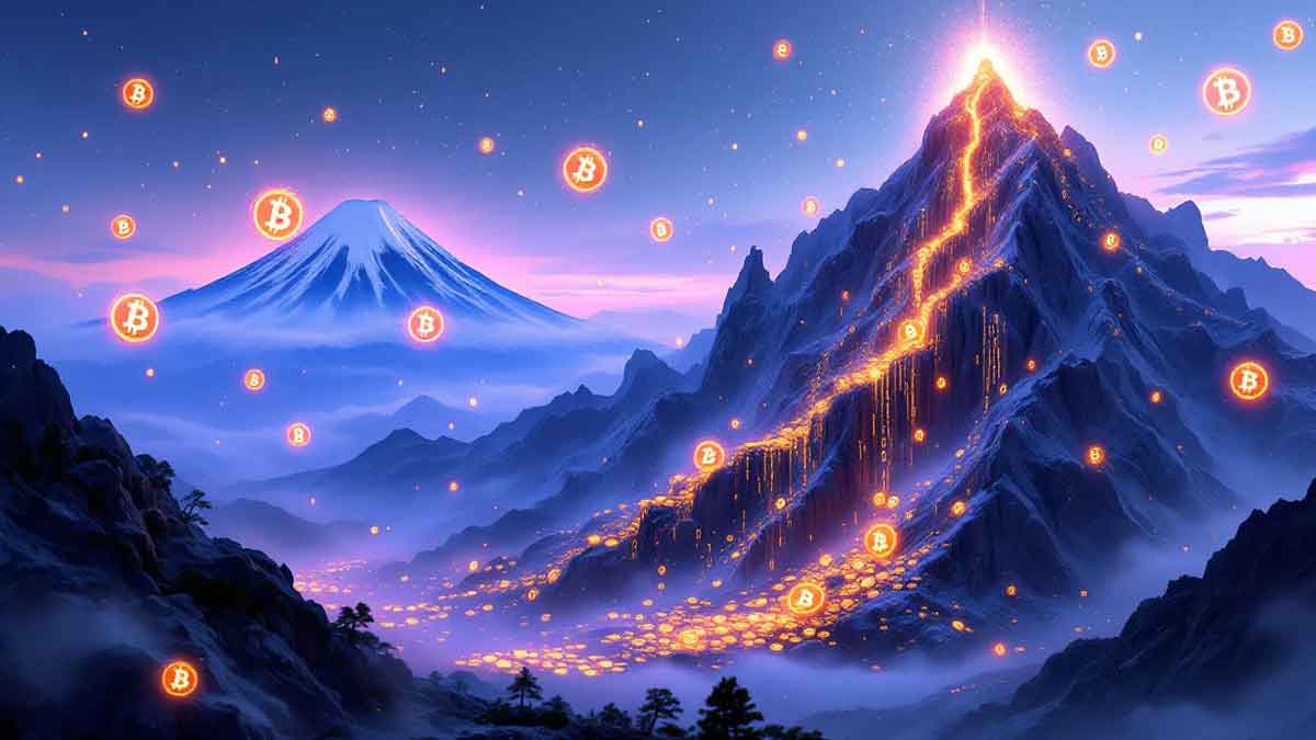 富士山をバックに、バイナリーコードで構成された山の頂上からビットコインが生まれ、サイバーパンクな空に謎めいたデジタルウォレットが浮かぶシュールなデジタルアート