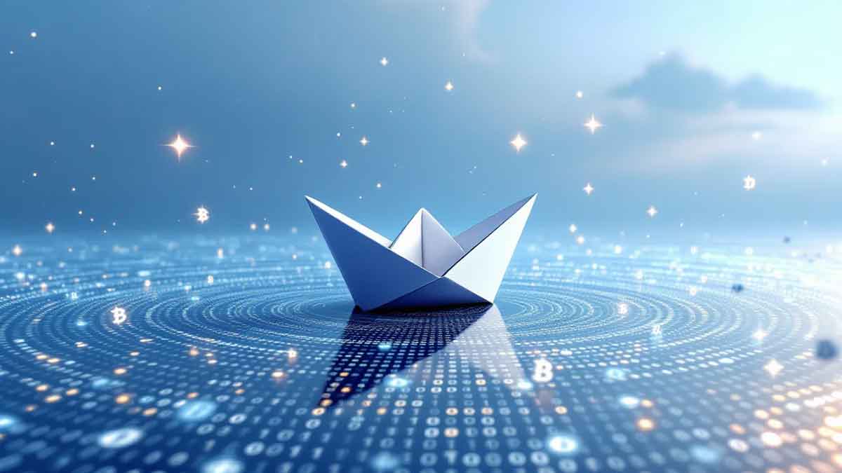 折り紙の船がバイナリーコードの海を航海し、空にはビットコインが星のように輝く未来的なイメージ図。日本の伝統と暗号資産革新の融合を表現。