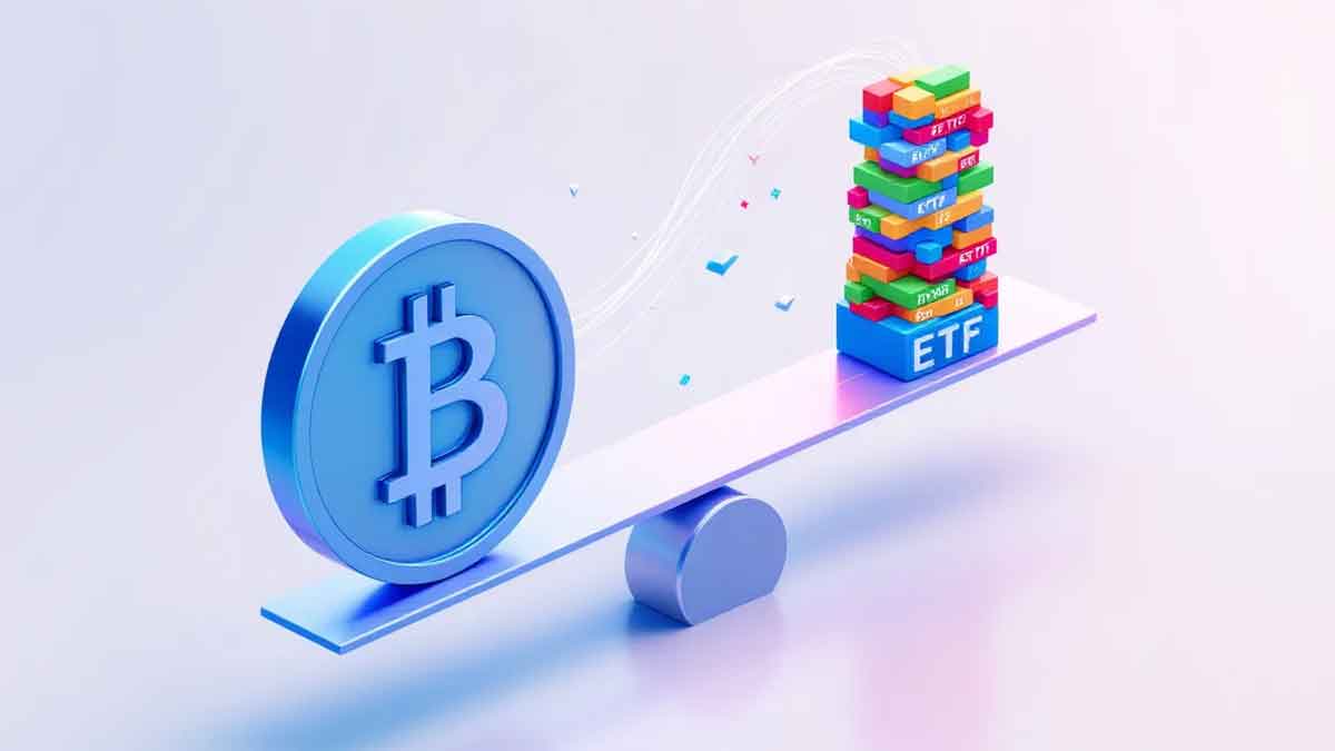 ビットコインとETFのシーソーバランスを表現した3Dアート。大きな青いビットコインコインと複数のカラフルなETFブロックが、未来的な株式市場のグラフラインに囲まれている