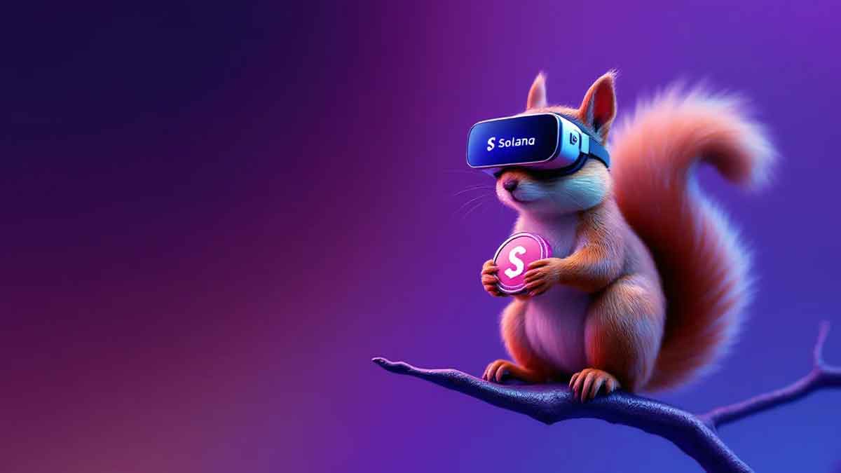 VRゴーグルをかけたリスがソラナとミームコインを持つ未来的なイメージ図