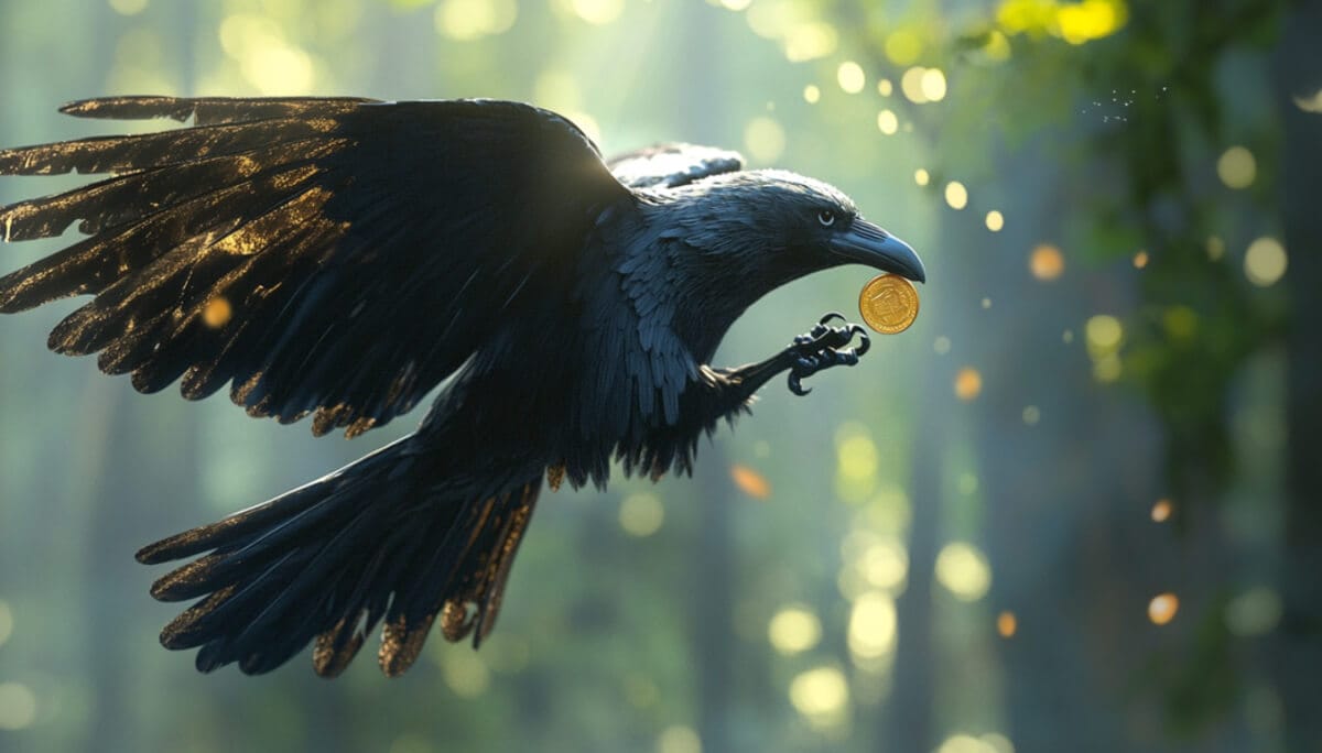 コインをくちばしに加えて飛び立つカラス