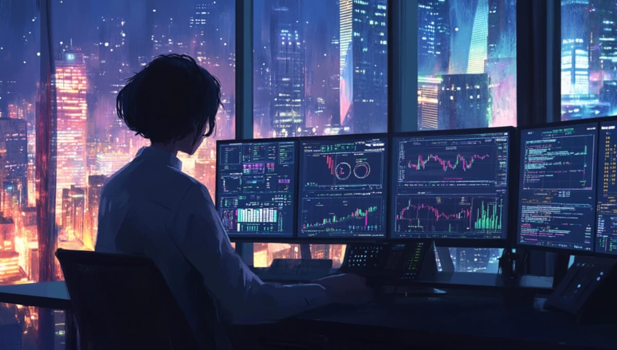 深夜のオフィスで仮想通貨トレードをする女性