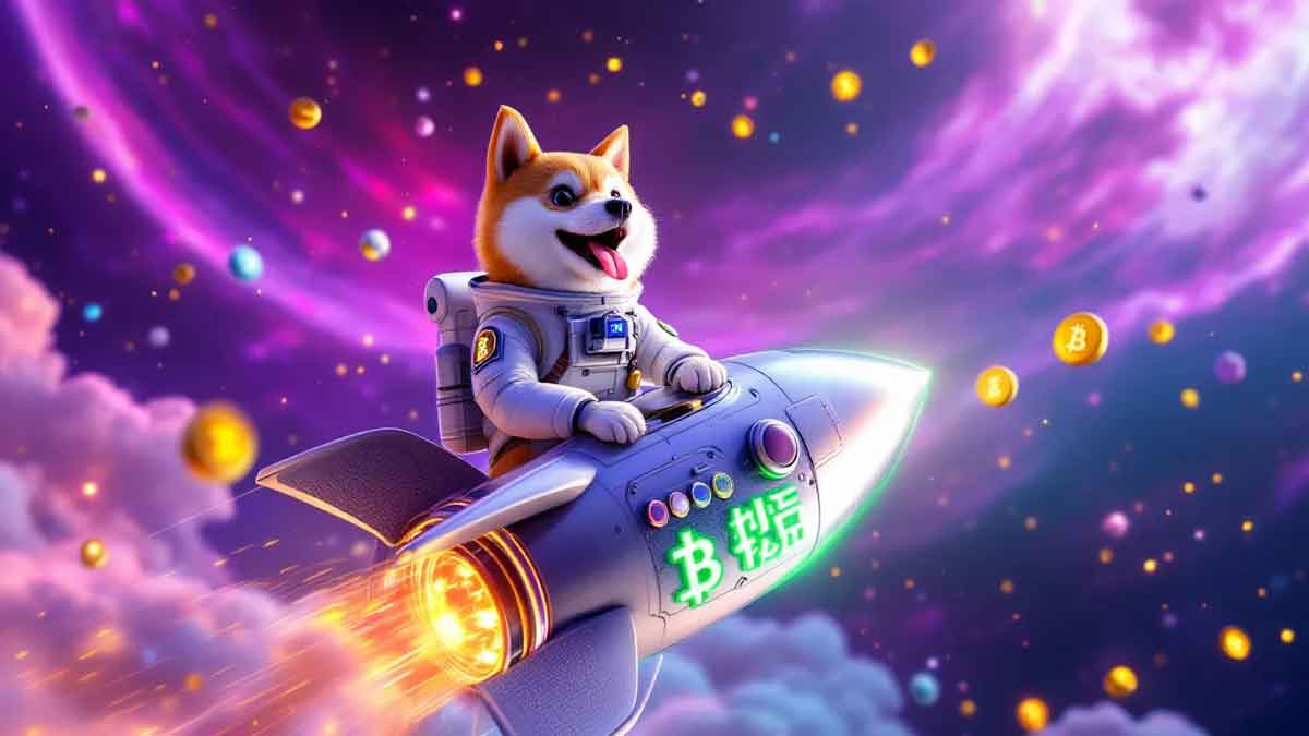 宇宙服を着た犬のキャラクターがビットコインロゴ入りのロケットに乗り、ミームコインのシンボルが散りばめられた宇宙空間を飛行する3Dアート