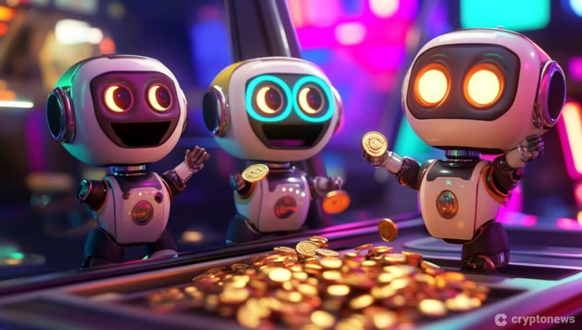 大量のコインを得て喜ぶ3体のミニAIロボット