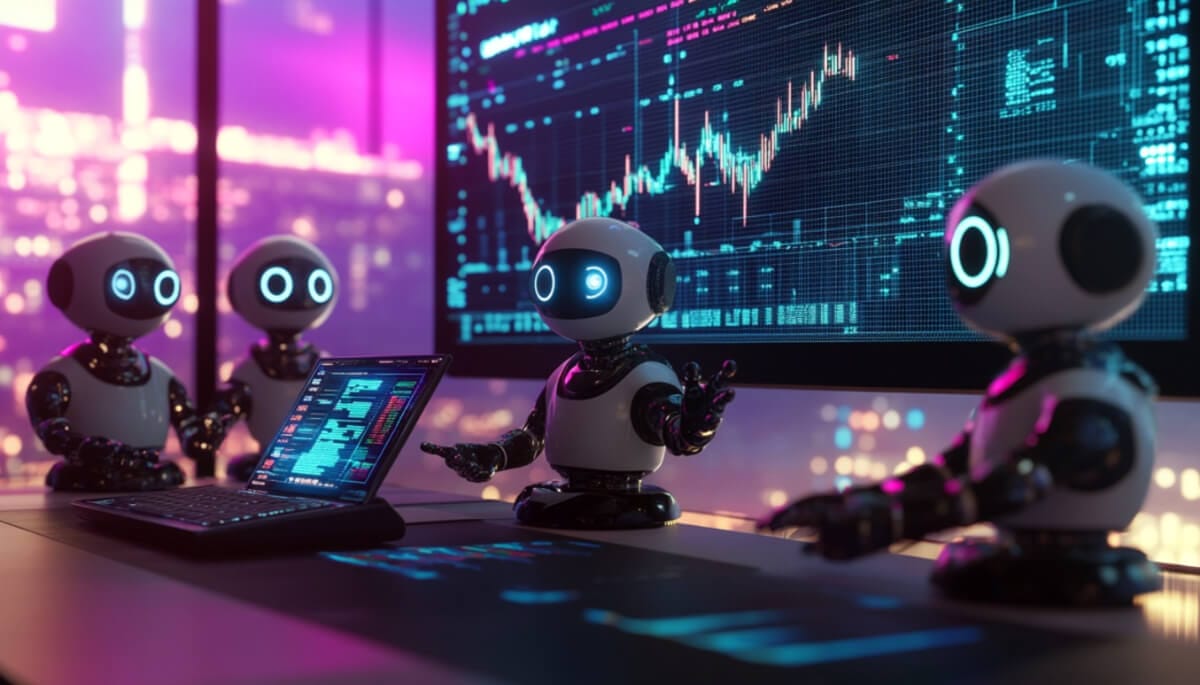 仮想通貨投資の戦略ついて議論する4体のミニAIロボット