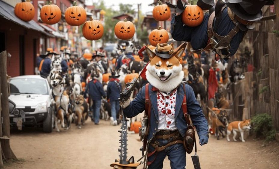 ハロウィンの街と柴犬