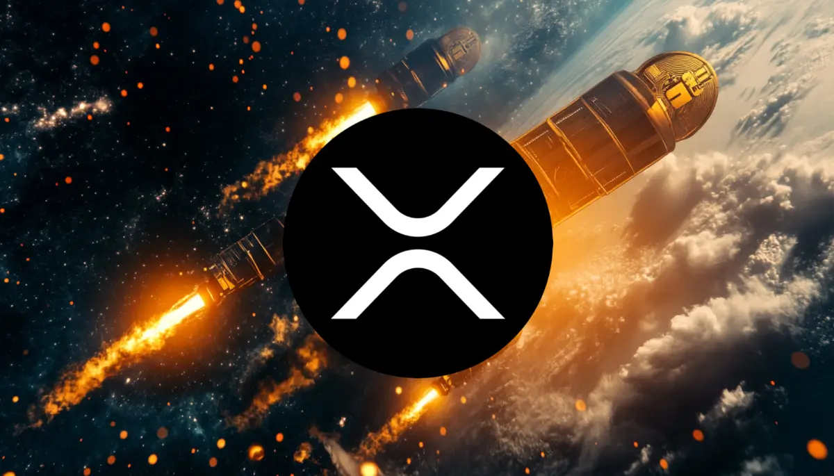 XRPのロゴが中央に配置され、その周りを宇宙空間で燃え上がるロケットが飛行している様子