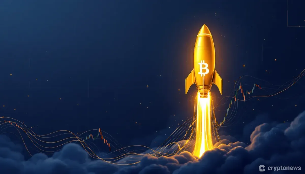 ビットコインをロケットブースターにして急上昇する企業ビルを描いた未来的なイラスト。株価チャートが背景に浮かび上がっている。