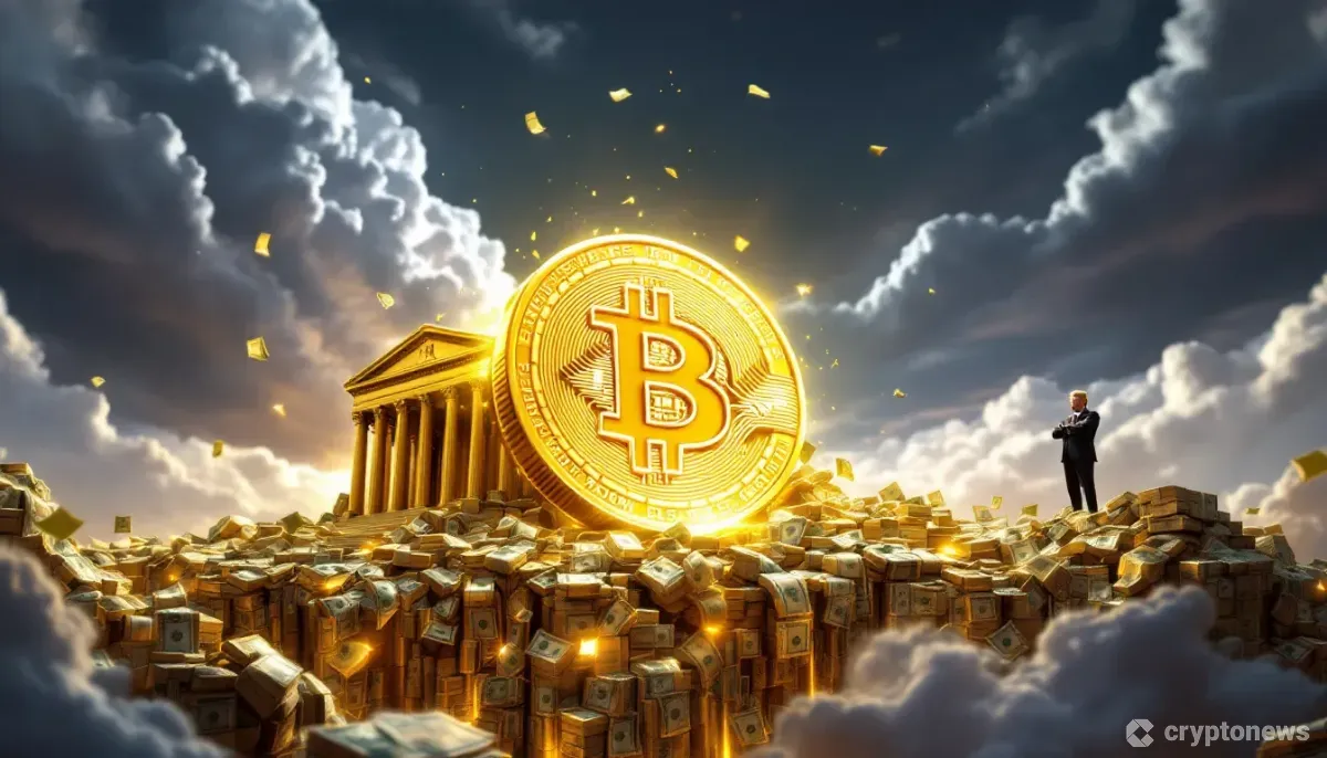 米国財務省の建物から浮かび上がる巨大なビットコインが、ドル紙幣で満たされた深い谷に架かる橋となり、地平線にトランプ氏のシルエットが浮かぶシュールな3Dイラスト