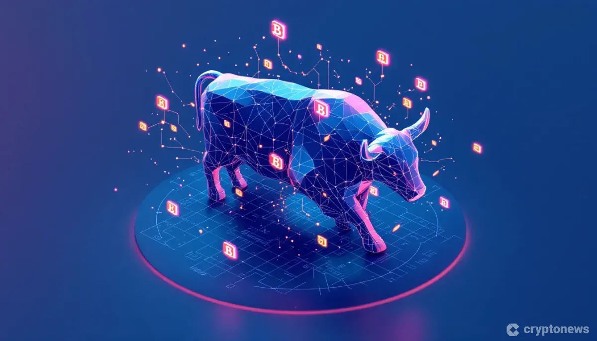 ビットコインのロゴが雄牛型のチャートに変化し、その周りをオプション取引を表す星座のような光が取り巻く3Dアイソメトリックイラスト