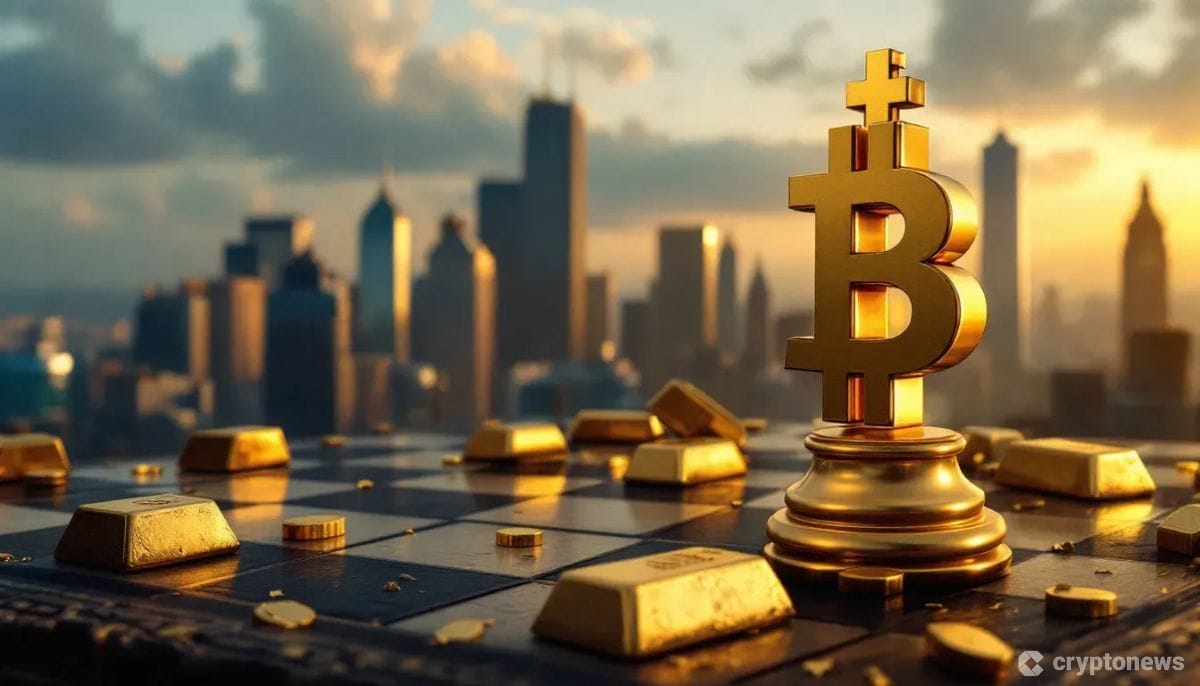 チェス盤上で金のビットコインの駒が立ち、倒れた金の延べ棒の駒を尻目に、背景には企業ビル群が立ち並ぶドラマチックな構図