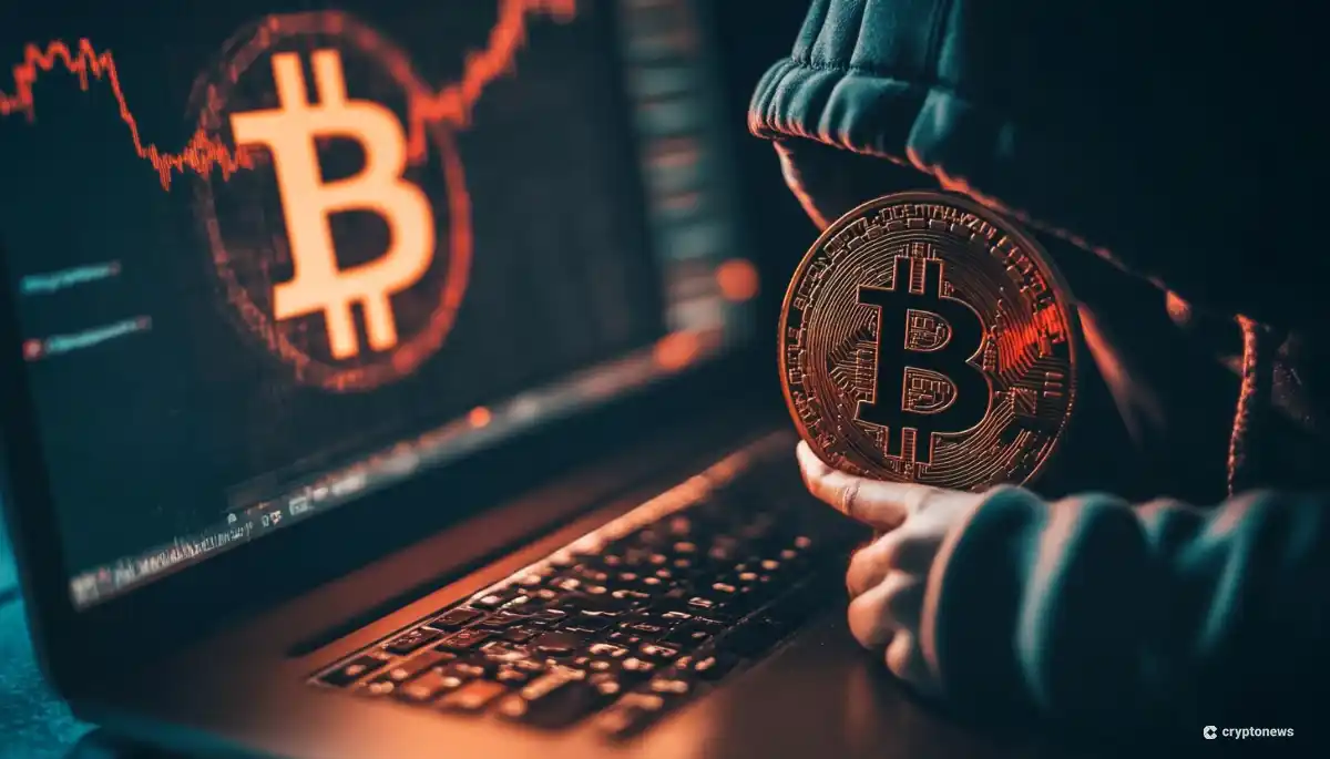 暗い室内で、パーカーを着た人物がビットコインの実物大レプリカコインを手に持っている様子