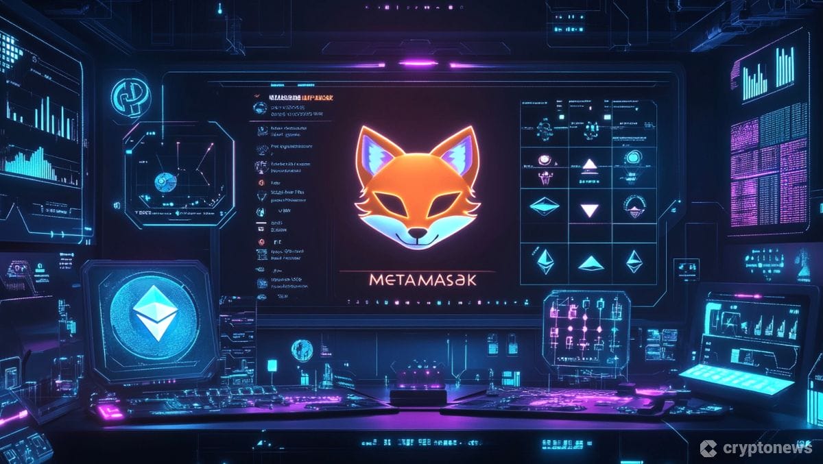 ラボのディスプレイに浮かぶ上がる仮想通貨ウォレット「MetaMask」のシンボル