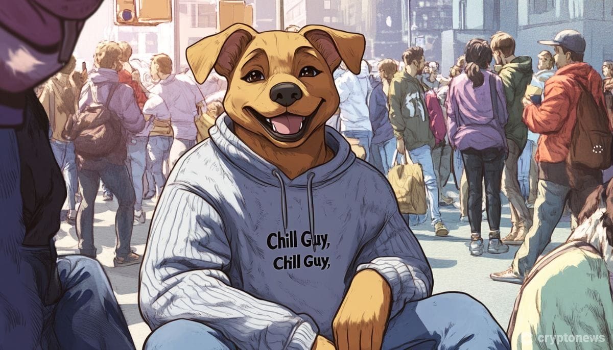 人混みの中でもチル(リラックス)して微笑む犬を擬人化したチルガイ