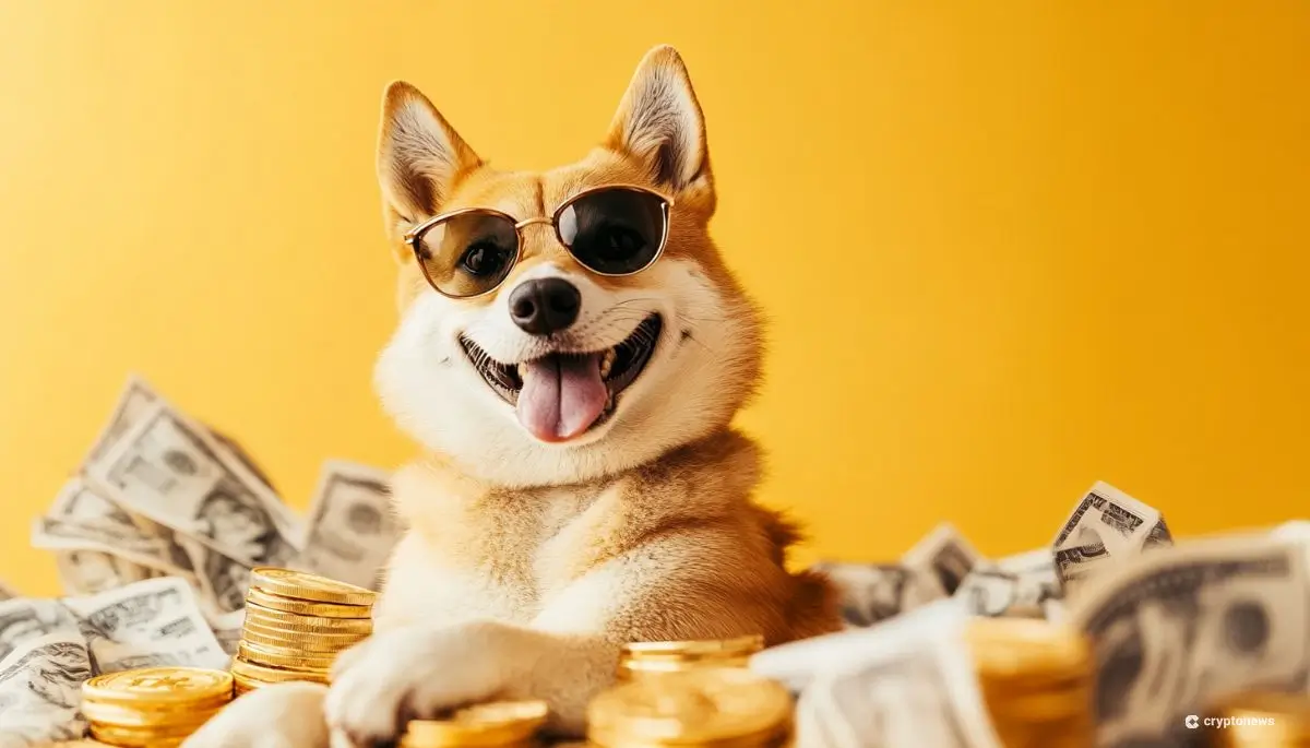 サングラスをかけた柴犬が、ドル紙幣とビットコインのコインに囲まれて笑顔を見せている写真。