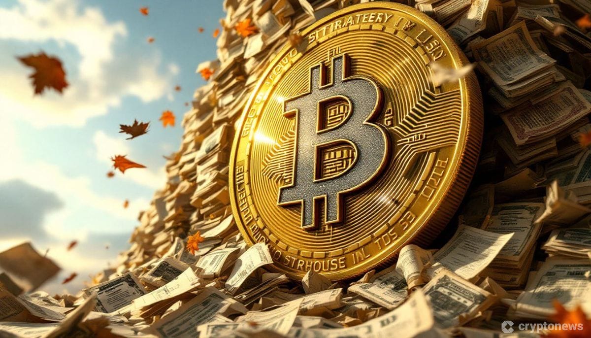巨大なビットコインのコインが従来の紙の書類や株券の山を突き破り、その金属表面にマイクロストラテジーのロゴが映り込む様子を捉えた象徴的な写真